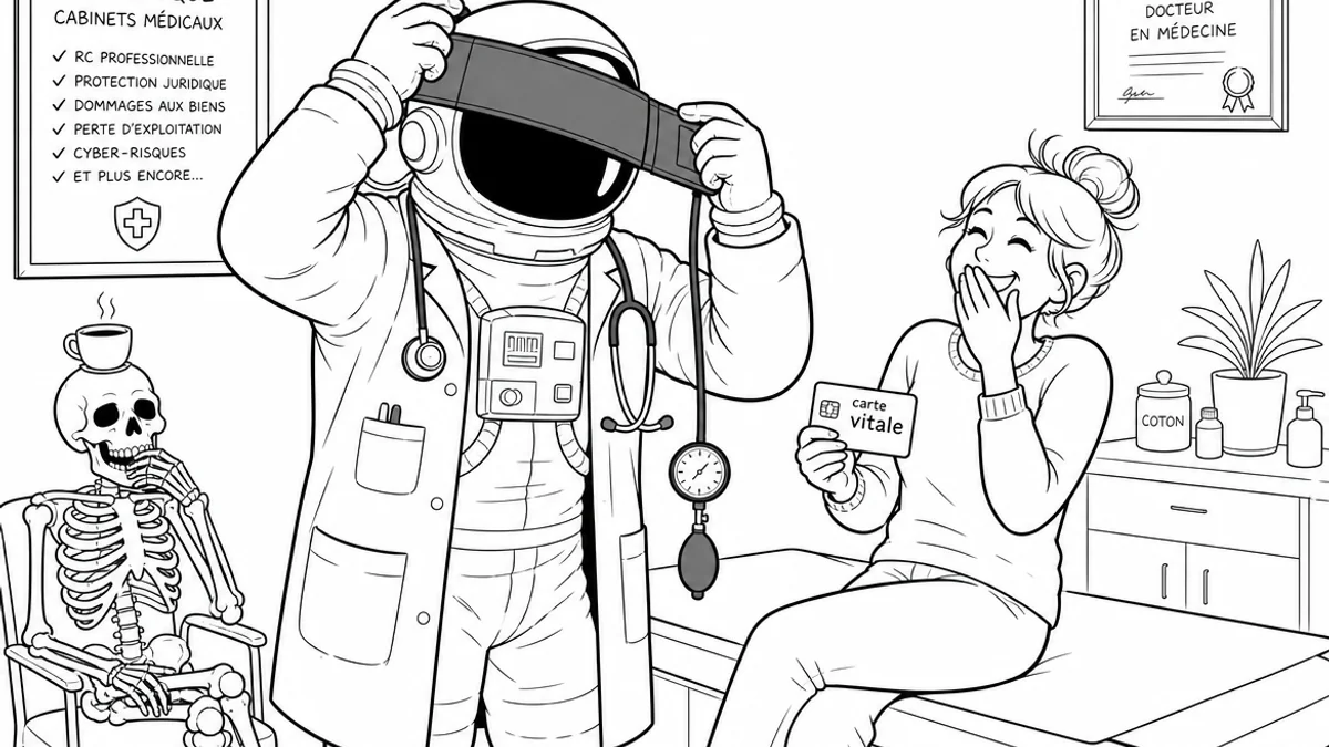 Illustration line art noir et blanc d'un cosmonaute dans un cabinet médical, symbolisant la MRP médicale et paramédicale