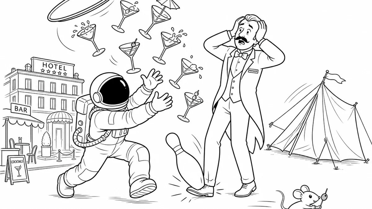 Illustration line art noir et blanc d'un cosmonaute supervisant un restaurant et une discothèque, symbolisant la MRP CHR et loisirs