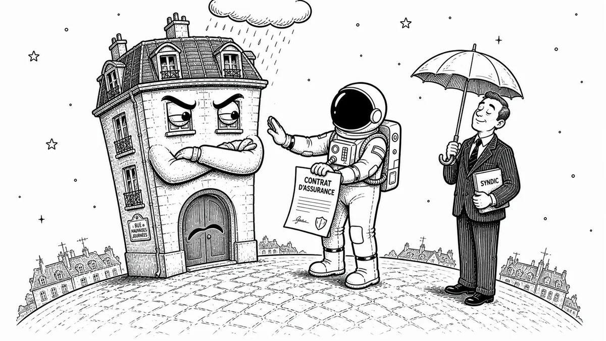 Illustration line art noir et blanc d'un cosmonaute supervisant un immeuble en copropriété, symbolisant l'assurance multirisque immeuble