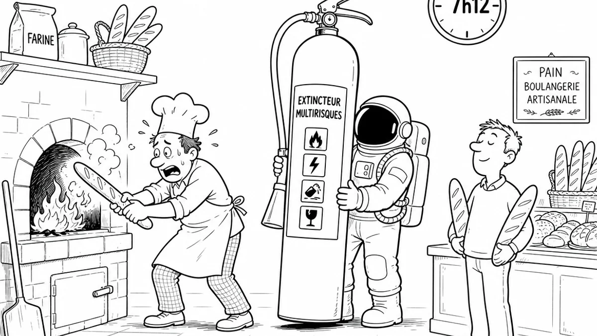Illustration line art noir et blanc d'un cosmonaute dans une boutique de commerçant, symbolisant l'assurance multirisque pro