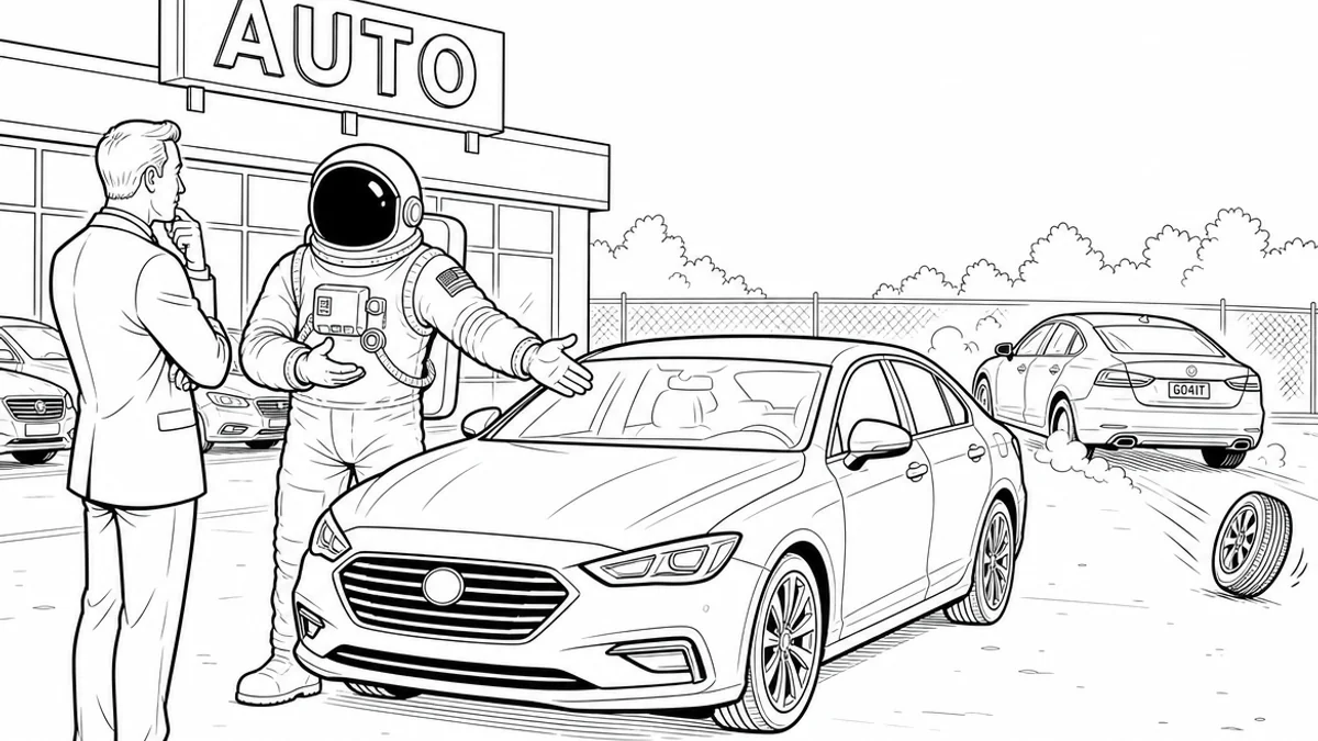 Illustration line art noir et blanc d'un cosmonaute sur un parking de véhicules d'occasion, symbolisant l'assurance négociant auto