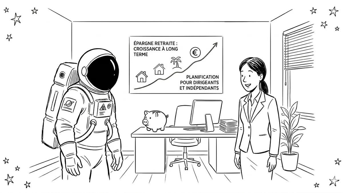 Illustration line art noir et blanc d'un cosmonaute consultant un graphique d'épargne retraite, symbolisant le PER pour TNS et salariés