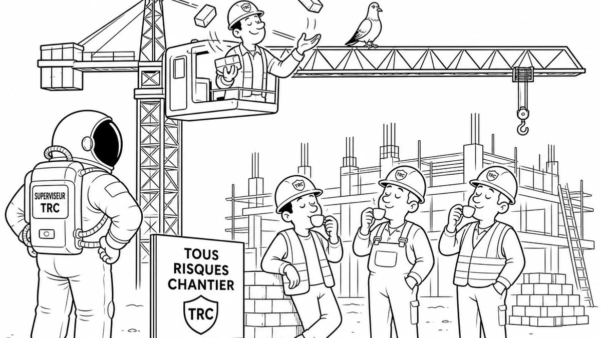 Illustration line art noir et blanc d'un cosmonaute supervisant un chantier de construction, symbolisant l'assurance Police de chantier (TRC)