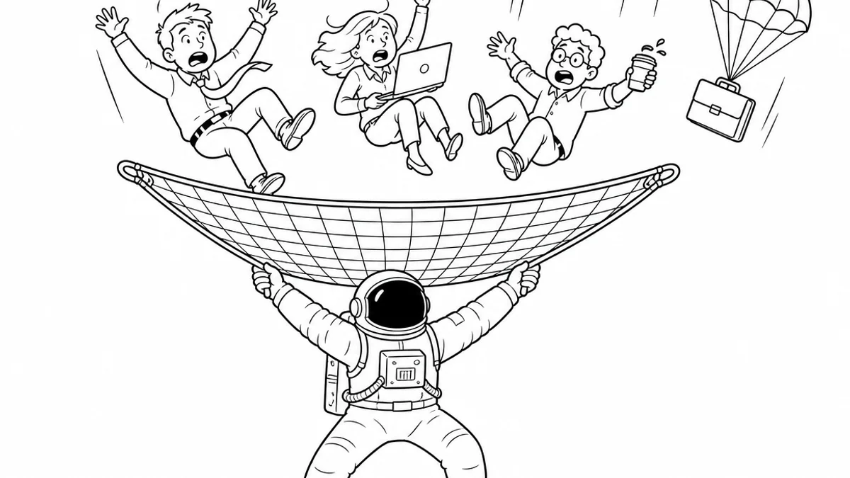 Illustration line art noir et blanc d'un cosmonaute protégeant une équipe de salariés et leurs familles, symbolisant la prévoyance collective