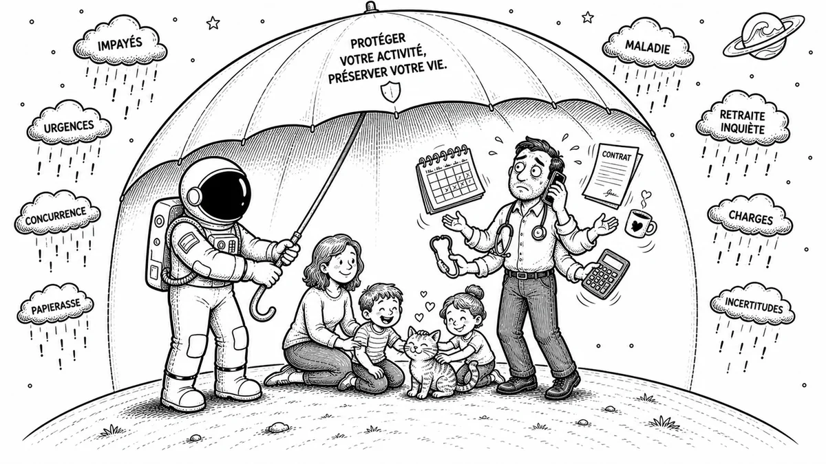 Illustration line art noir et blanc d'un cosmonaute protégeant une famille, symbolisant la prévoyance pour TNS