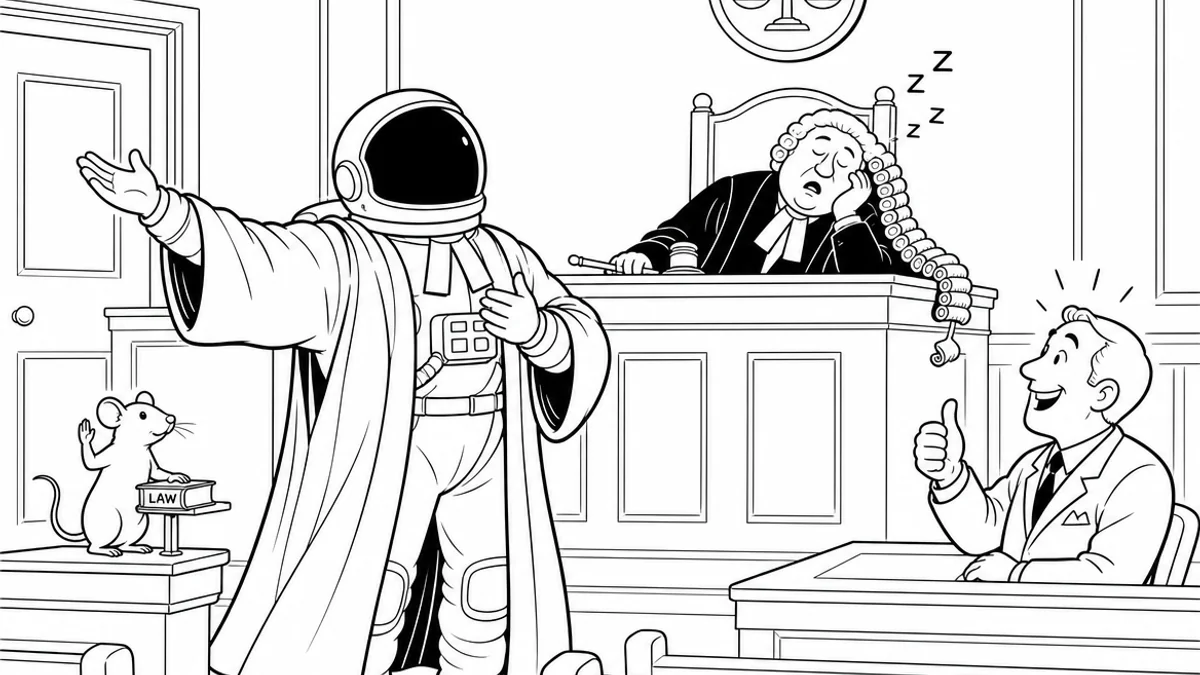 Illustration line art noir et blanc d'un cosmonaute consultant un avocat dans une bibliothèque juridique, symbolisant la protection juridique professionnelle