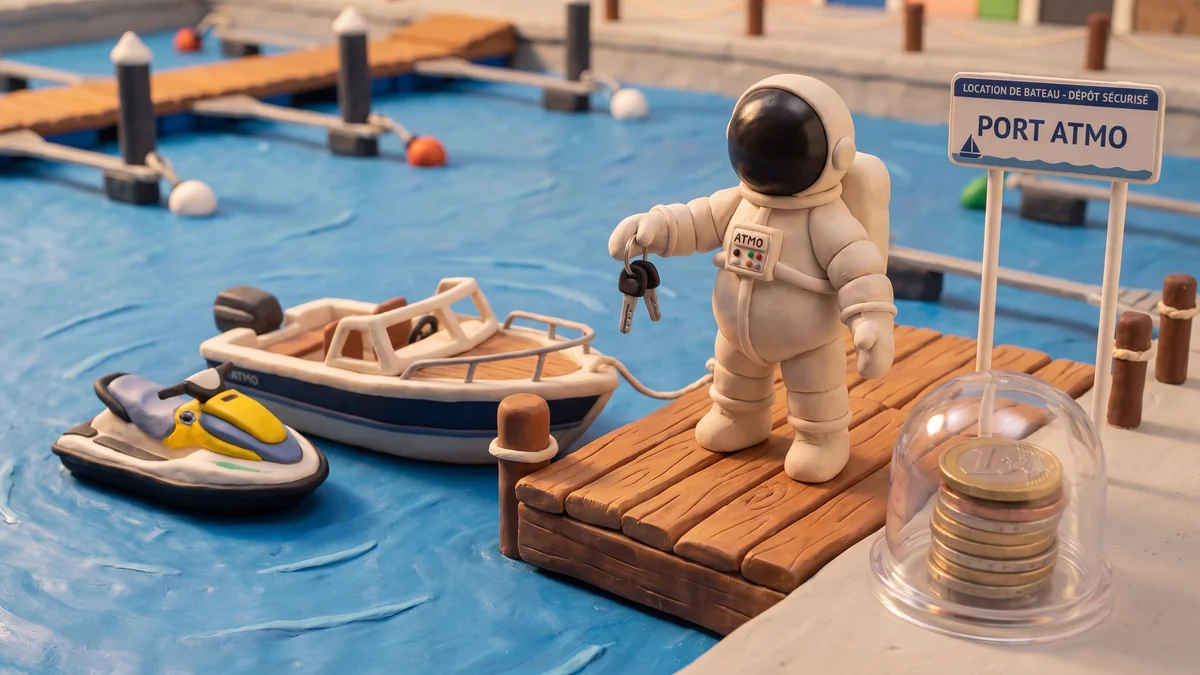 Illustration en pâte à modeler : le cosmonaute Atmo remet les clés d'un bateau de location au ponton, avec un jet-ski et la caution du client protégée sous une cloche