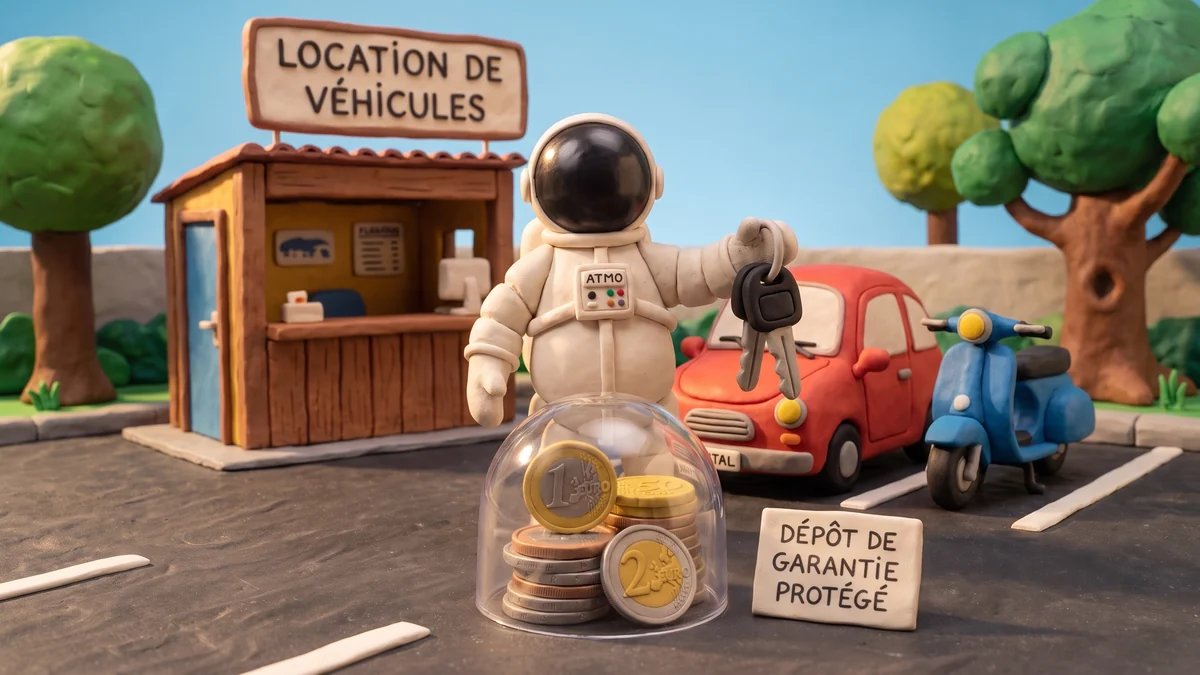 Illustration en pâte à modeler : le cosmonaute Atmo remet les clés d'une voiture de location, avec un scooter et la caution du client protégée sous une cloche