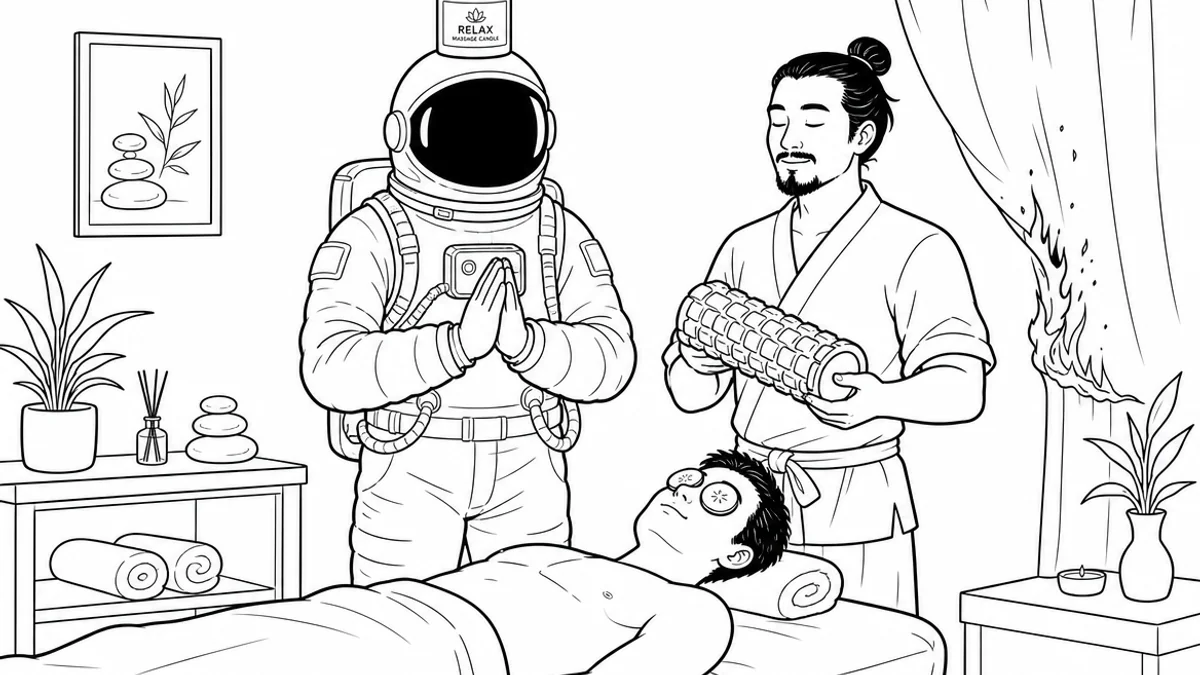 Illustration line art noir et blanc d'une praticienne effectuant un soin, symbolisant la RC professionnelle des métiers de l'esthétique et du bien-être
