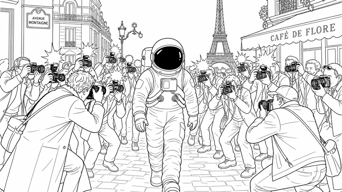 Illustration line art noir et blanc d'un cosmonaute pilotant une caméra, symbolisant la RC professionnelle Médias et marketing