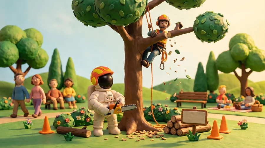 Illustration en pâte à modeler du cosmonaute Atmo casqué, tronçonneuse à la main au pied d'un arbre, pendant qu'un élagueur encordé taille une branche au-dessus, dans un parc