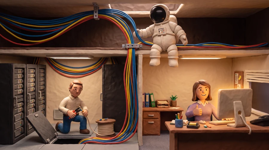 Illustration en pâte à modeler du cosmonaute Atmo passant un faisceau de câbles dans un faux plafond pendant qu'un technicien sertit un connecteur au sol, dans un bureau en coupe