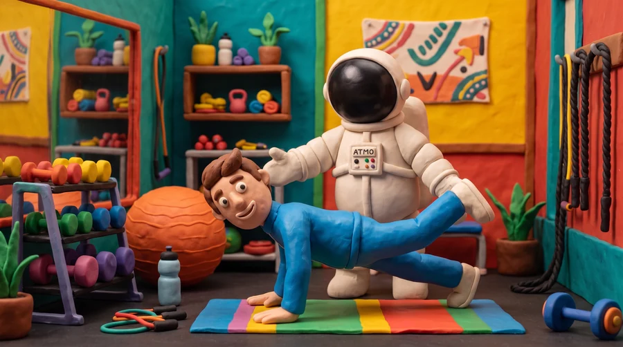 Illustration en pâte à modeler du cosmonaute Atmo coachant un client en gainage sur un tapis, dans une salle de sport colorée