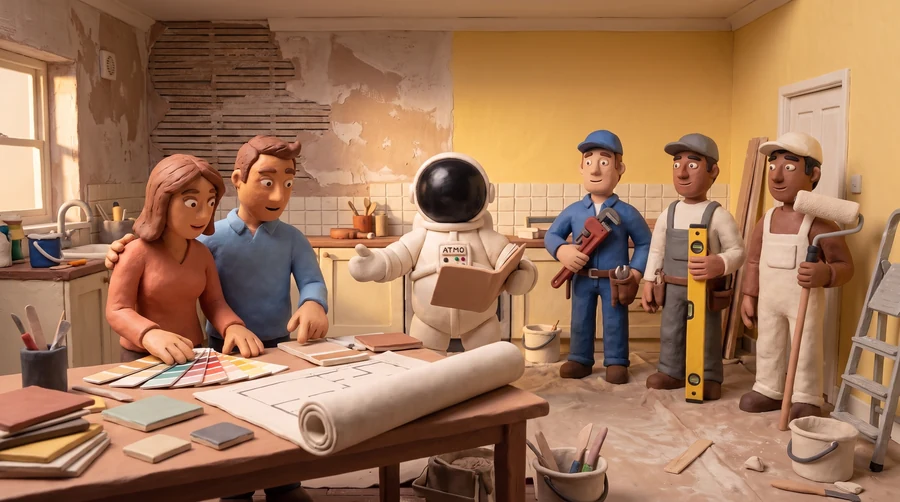 Illustration en pâte à modeler du cosmonaute Atmo faisant le lien entre un couple penché sur ses échantillons et trois artisans alignés, dans une cuisine en pleine rénovation