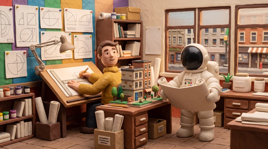 Illustration en pâte à modeler du cosmonaute Atmo déroulant un plan au dessus d'une maquette d'immeuble, à côté d'un dessinateur projeteur penché sur sa planche à dessin