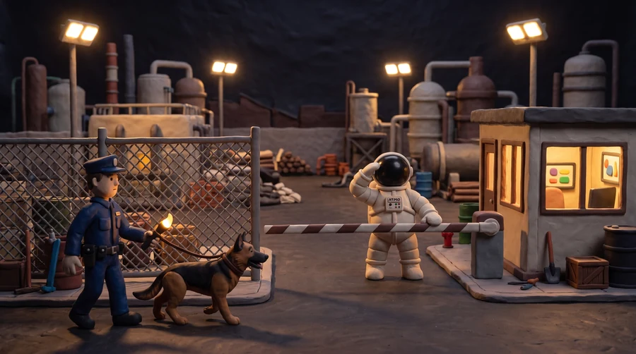 Illustration en pâte à modeler du cosmonaute Atmo scrutant la cour depuis la barrière d'un site industriel de nuit, tandis qu'un agent de sécurité patrouille avec son chien et sa lampe torche