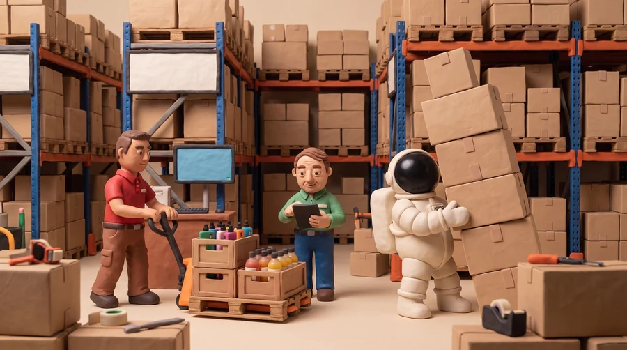 Illustration en pâte à modeler du cosmonaute Atmo retenant de l'épaule une pile de cartons dans l'entrepôt d'un grossiste en cigarettes électroniques, devant un magasinier et son acheteur
