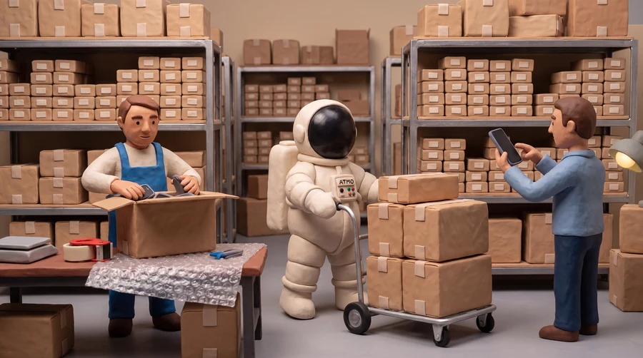 Illustration en pâte à modeler du cosmonaute Atmo poussant un diable chargé de cartons dans le stock d'un grossiste en téléphonie, pendant qu'un préparateur emballe des mobiles