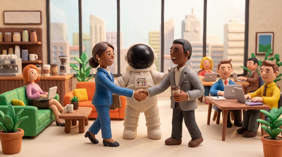 Illustration en pâte à modeler du cosmonaute Atmo rapprochant par l'épaule deux professionnels qui se tendent la main dans un espace de coworking coloré