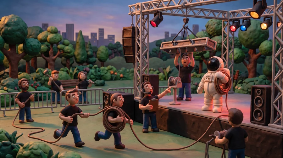 Illustration en pâte à modeler du cosmonaute Atmo un rouleau de câble sur l'épaule au bord d'une scène de festival en montage, sous les projecteurs colorés et la structure de levage