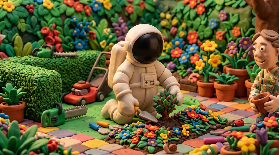 Illustration en pâte à modeler du cosmonaute Atmo plantant un arbuste dans un jardin fleuri, avec tondeuse et taille-haie, à côté d'un client