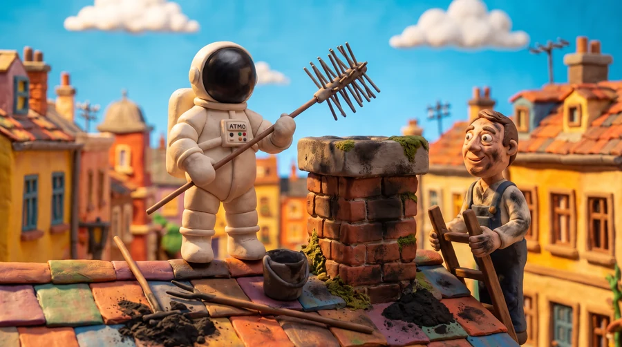 Illustration en pâte à modeler du cosmonaute Atmo ramonant une cheminée sur un toit coloré, aux côtés d'un ramoneur souriant sur son échelle