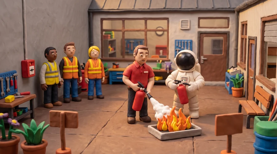 Illustration en pâte à modeler du cosmonaute Atmo extincteur en main aux côtés d'un formateur qui démontre l'extinction d'un feu, devant un groupe de salariés en gilets fluo