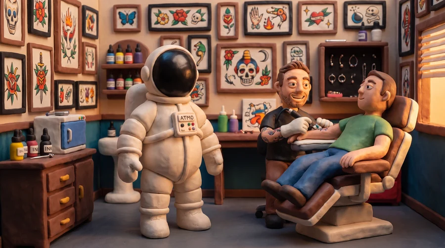 Illustration en pâte à modeler du cosmonaute Atmo dans un salon de tatouage, où un tatoueur travaille sur l'avant-bras d'un client installé