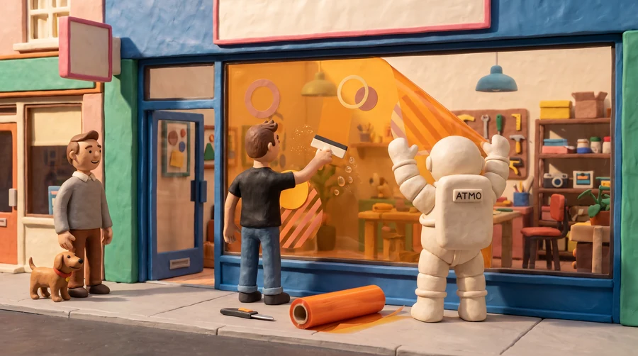 Illustration en pâte à modeler du cosmonaute Atmo tendant le haut d'un film adhésif orange qu'un poseur maroufle à la raclette sur la vitrine d'une boutique
