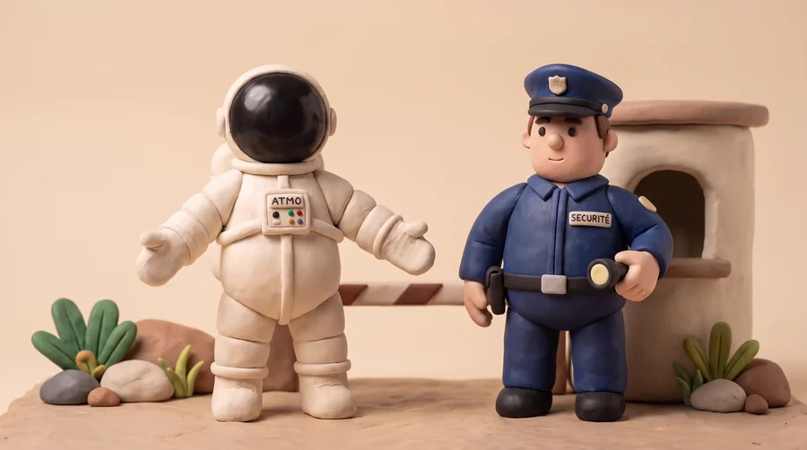 Illustration en pâte à modeler d'un agent de sécurité en uniforme devant sa guérite, aux côtés du cosmonaute Atmo