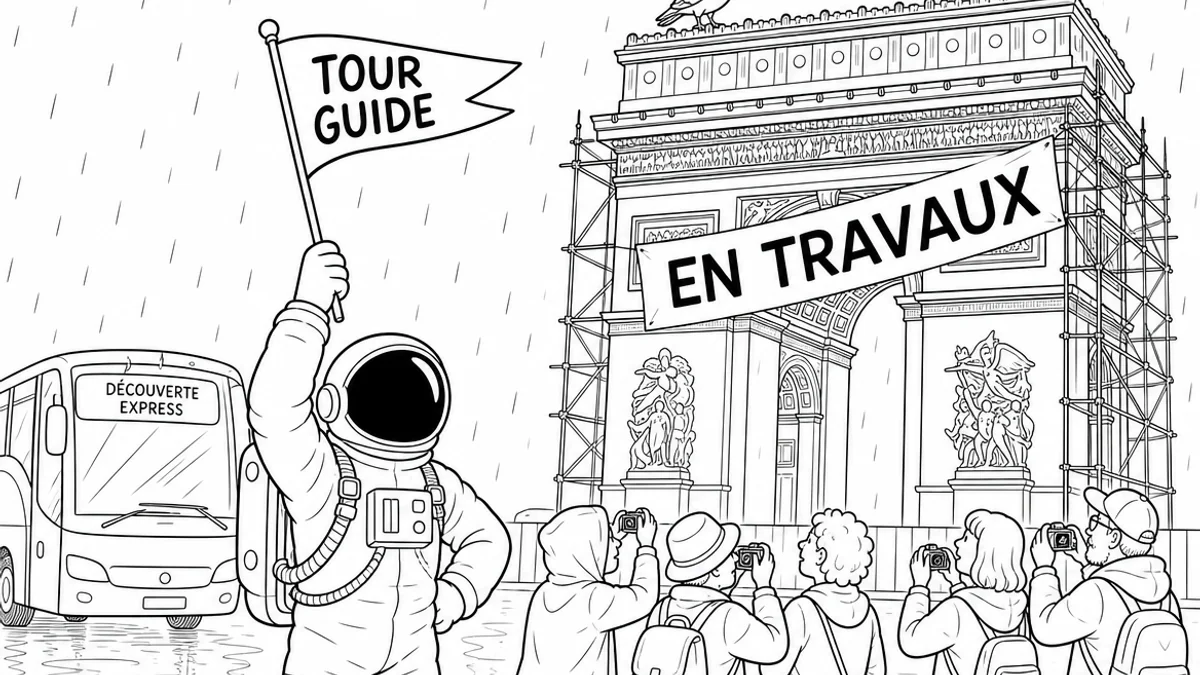 Illustration line art noir et blanc d'un cosmonaute pilotant une montgolfière, symbolisant la RC professionnelle Tourisme