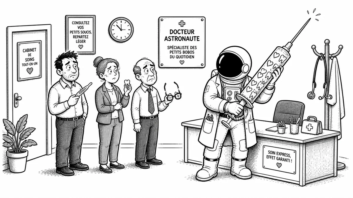 Illustration line art noir et blanc d'un cosmonaute entouré d'une équipe de salariés, symbolisant la mutuelle collective d'entreprise