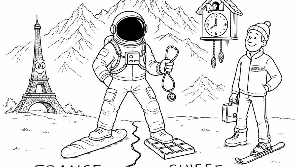Illustration line art noir et blanc d'un cosmonaute traversant la frontière franco-suisse, symbolisant la complémentaire santé frontalier Suisse
