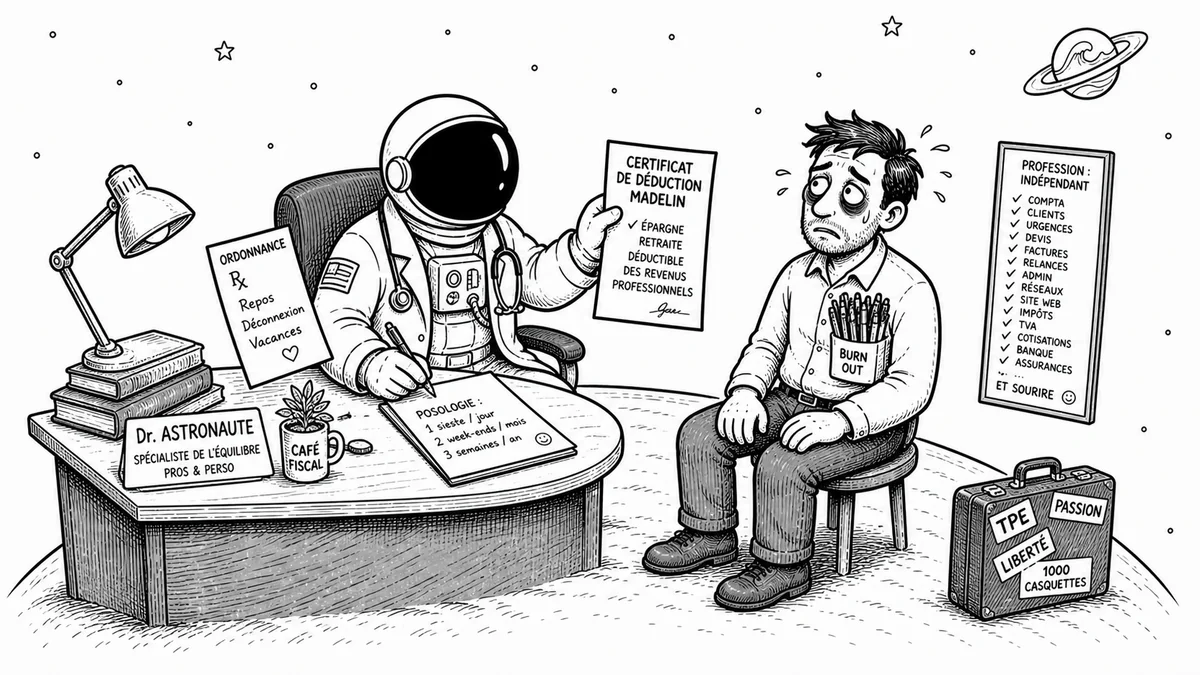 Illustration line art noir et blanc d'un cosmonaute travailleur indépendant, symbolisant la mutuelle santé pro TNS