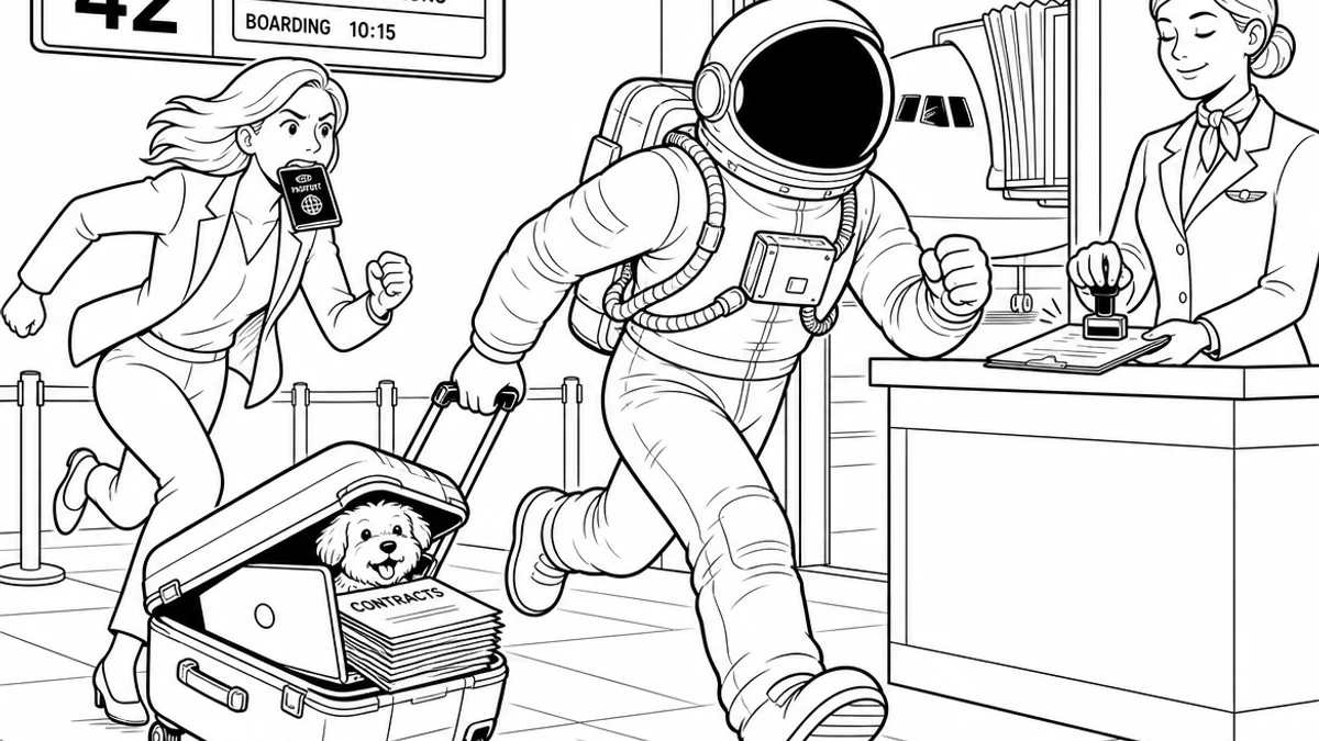 Illustration line art noir et blanc d'un cosmonaute voyageur d'affaires partant en mission, symbolisant l'assurance séjour courte durée pro