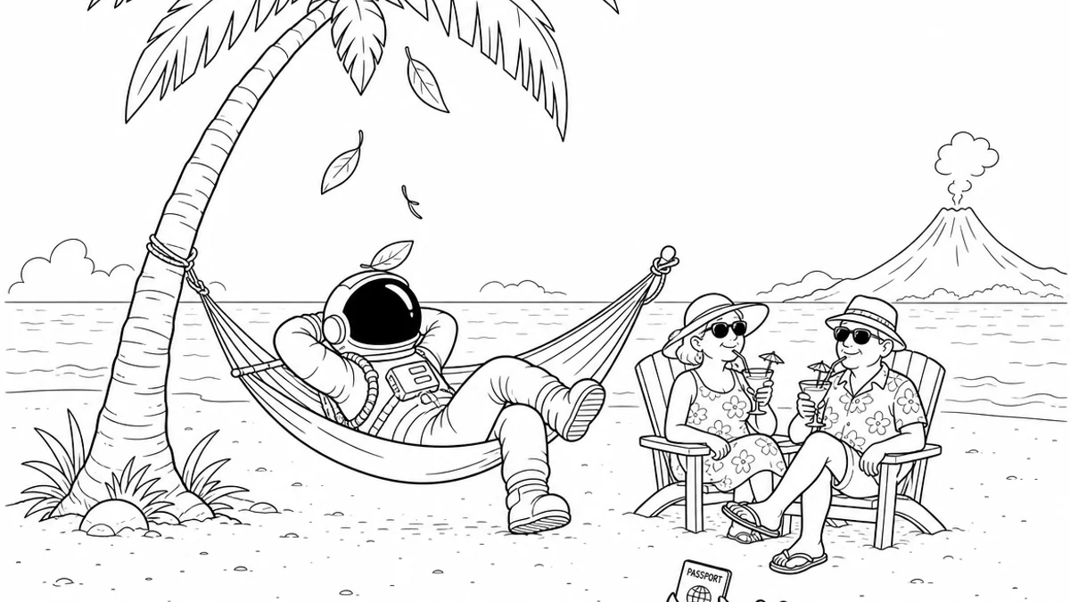 Illustration line art noir et blanc d'un cosmonaute entrepreneur expatrié, symbolisant l'assurance santé internationale séjour longue durée pro