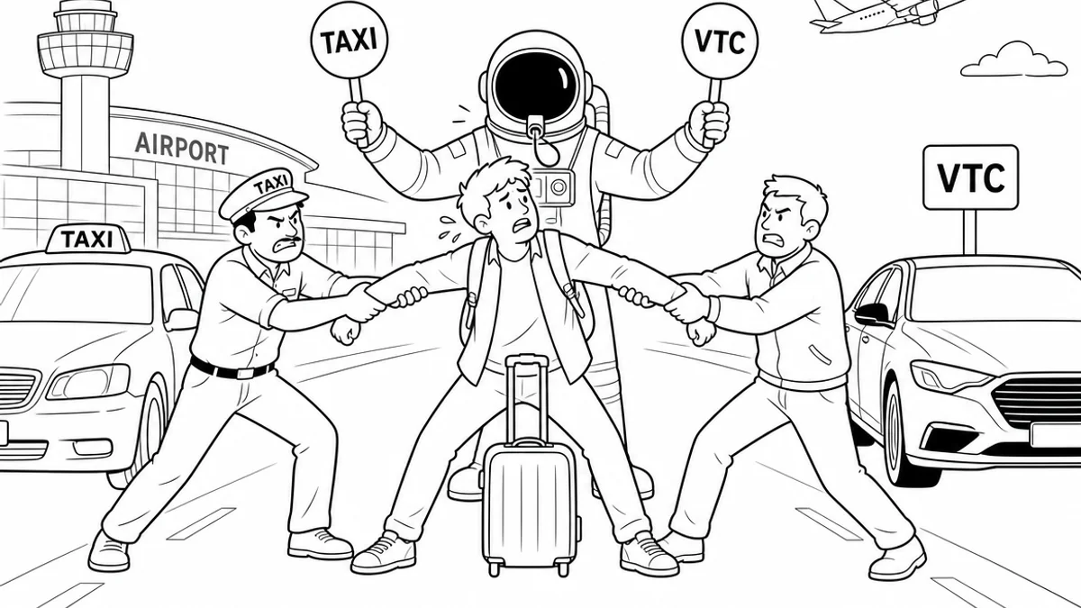 Illustration line art noir et blanc d'un cosmonaute au volant d'un taxi, symbolisant l'assurance taxi et VTC