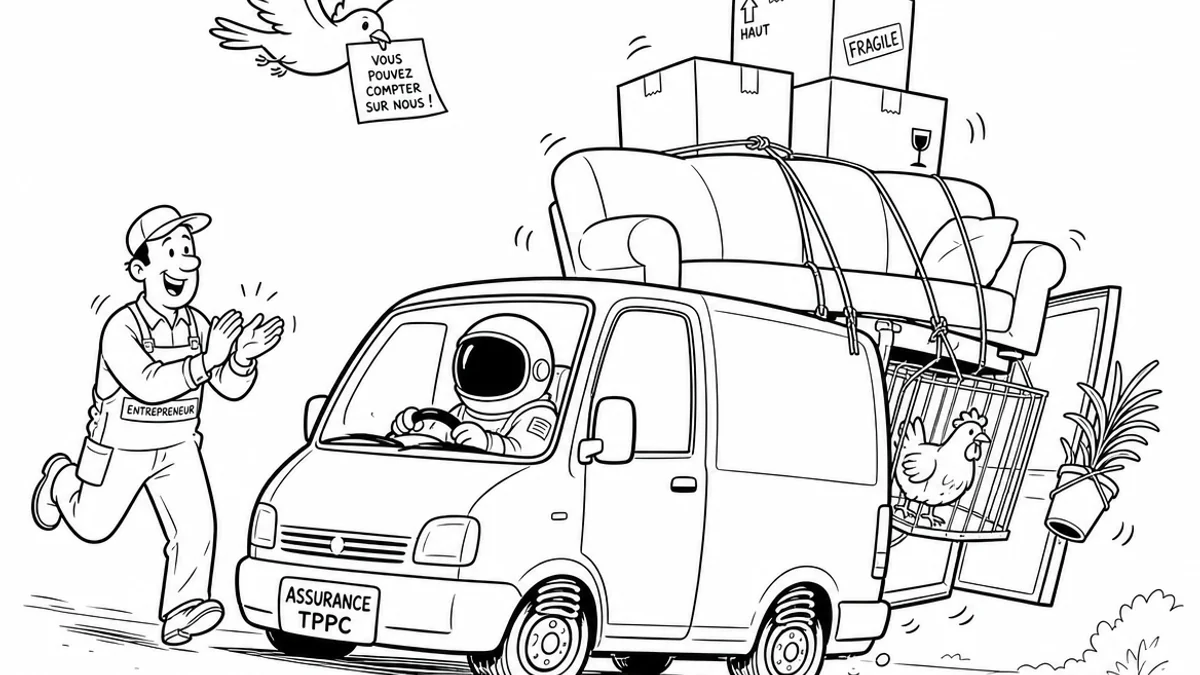 Illustration line art noir et blanc d'un cosmonaute conduisant un utilitaire chargé de matériel, symbolisant l'assurance transport pour propre compte