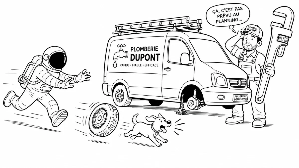 Illustration line art noir et blanc d'un cosmonaute au volant d'un utilitaire pro, symbolisant l'assurance véhicule professionnel