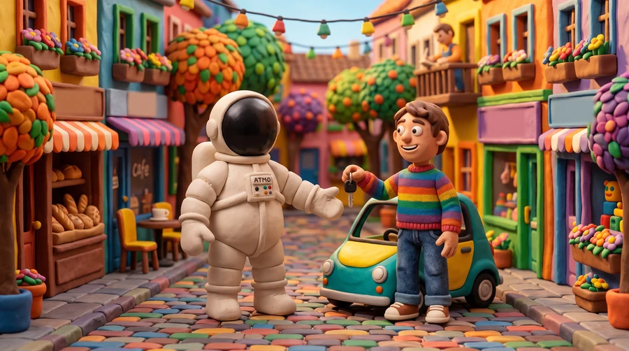 Illustration en pâte à modeler du cosmonaute Atmo présentant une petite voiture sans permis dans une rue de village, à côté d'un jeune conducteur tenant la clé